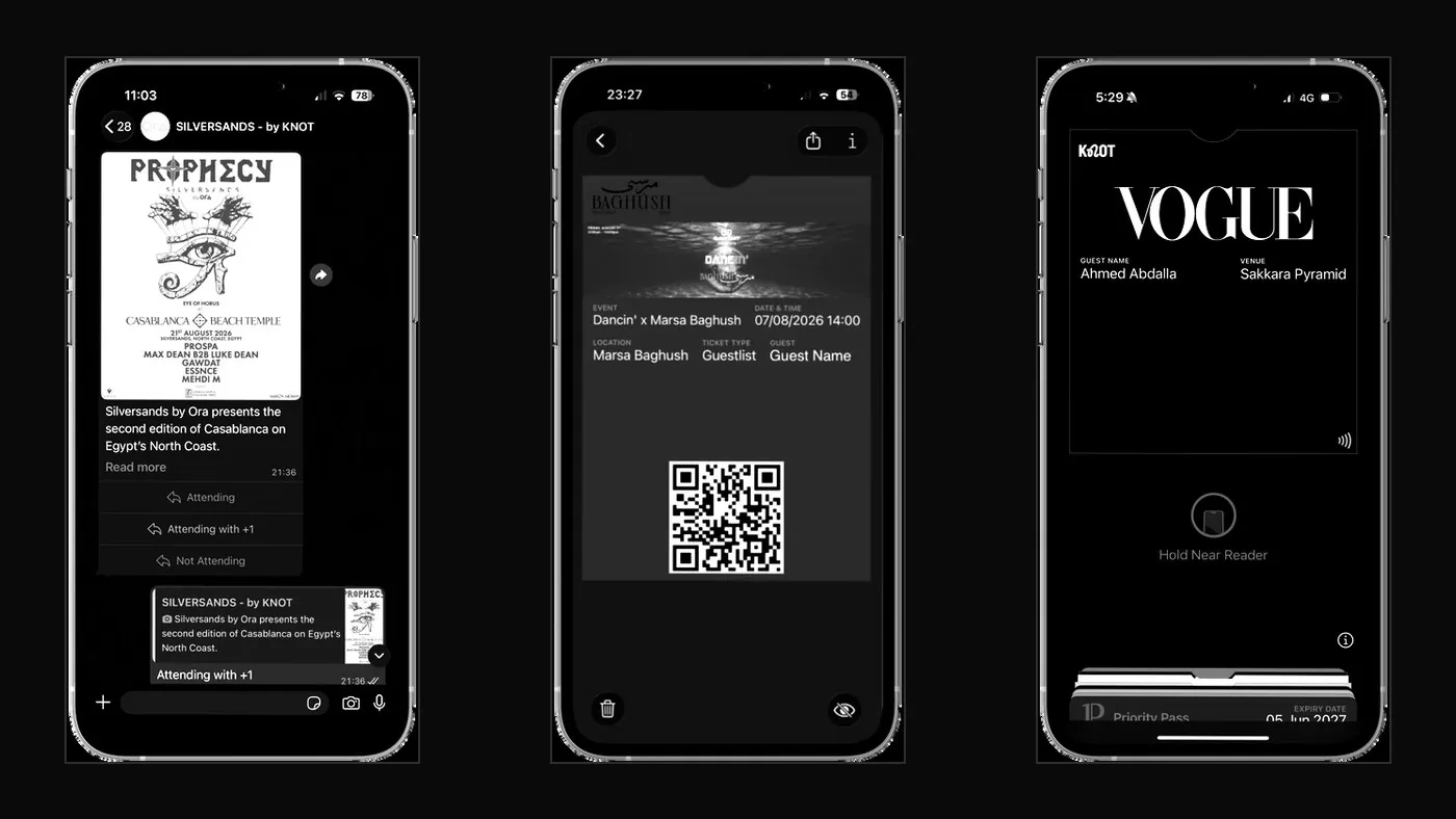 KNOT invitation, QR pass and wallet ticket on device
